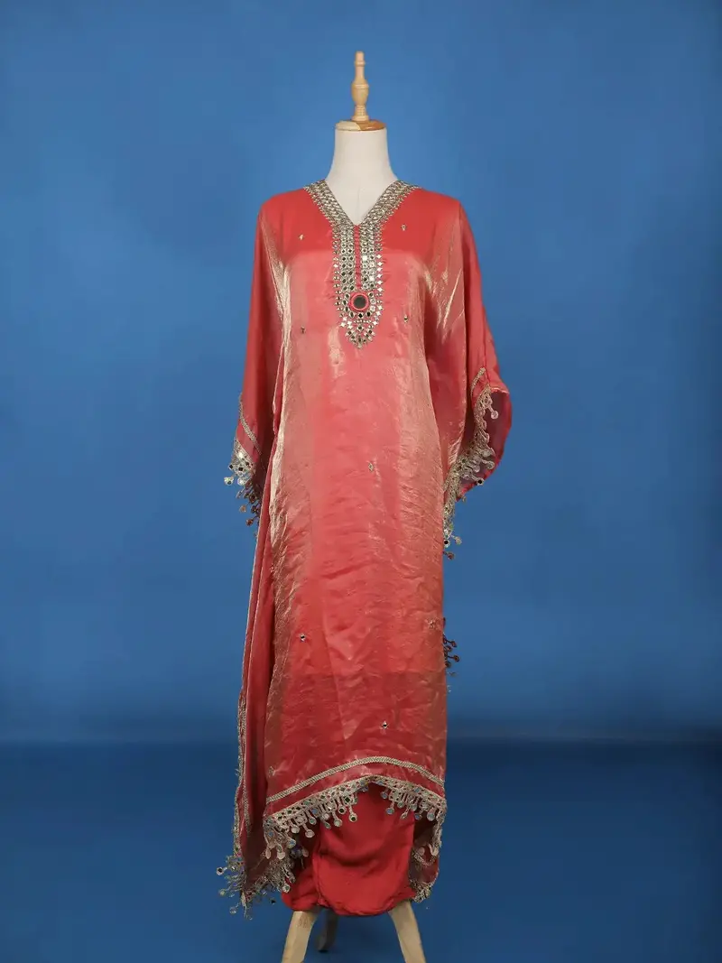 Coral Red Mirror Work Semi Silk Kaftan Suit 1