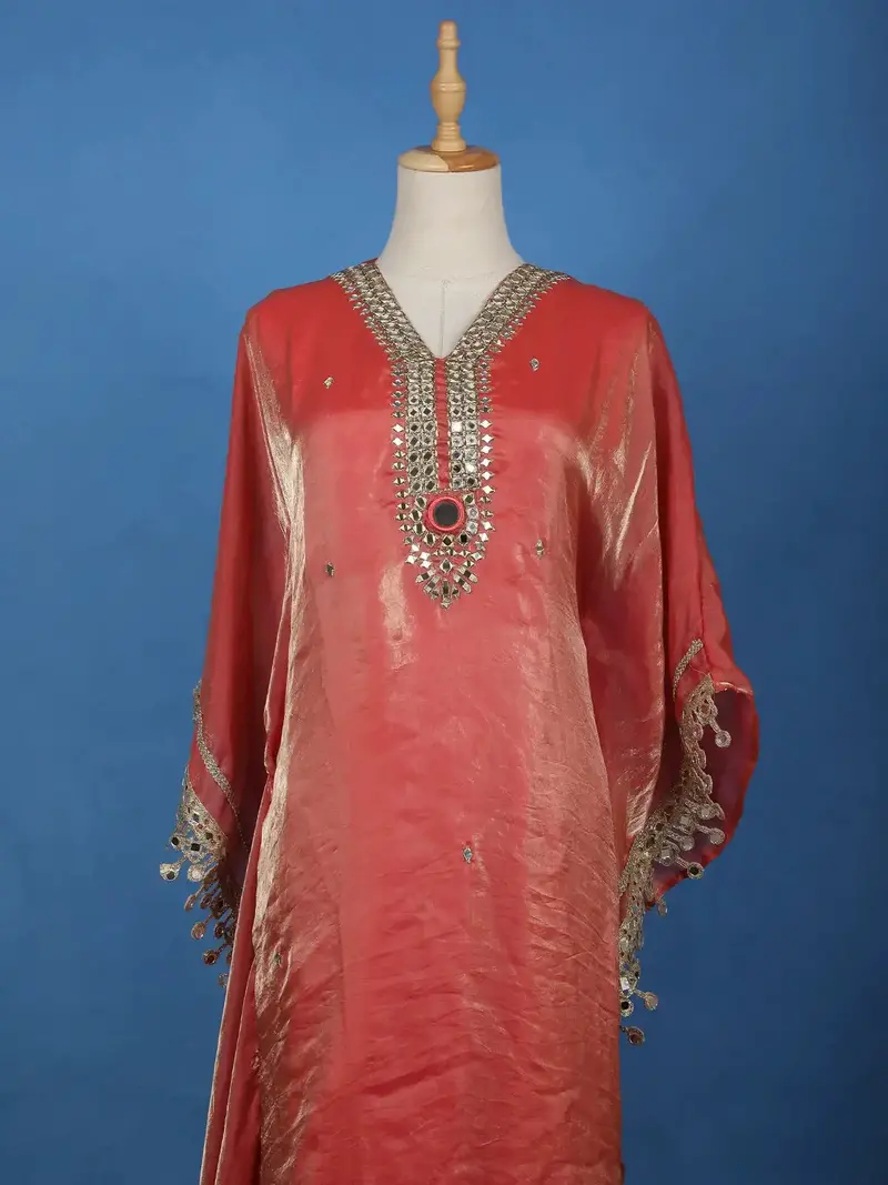 Coral Red Mirror Work Semi Silk Kaftan Suit 2