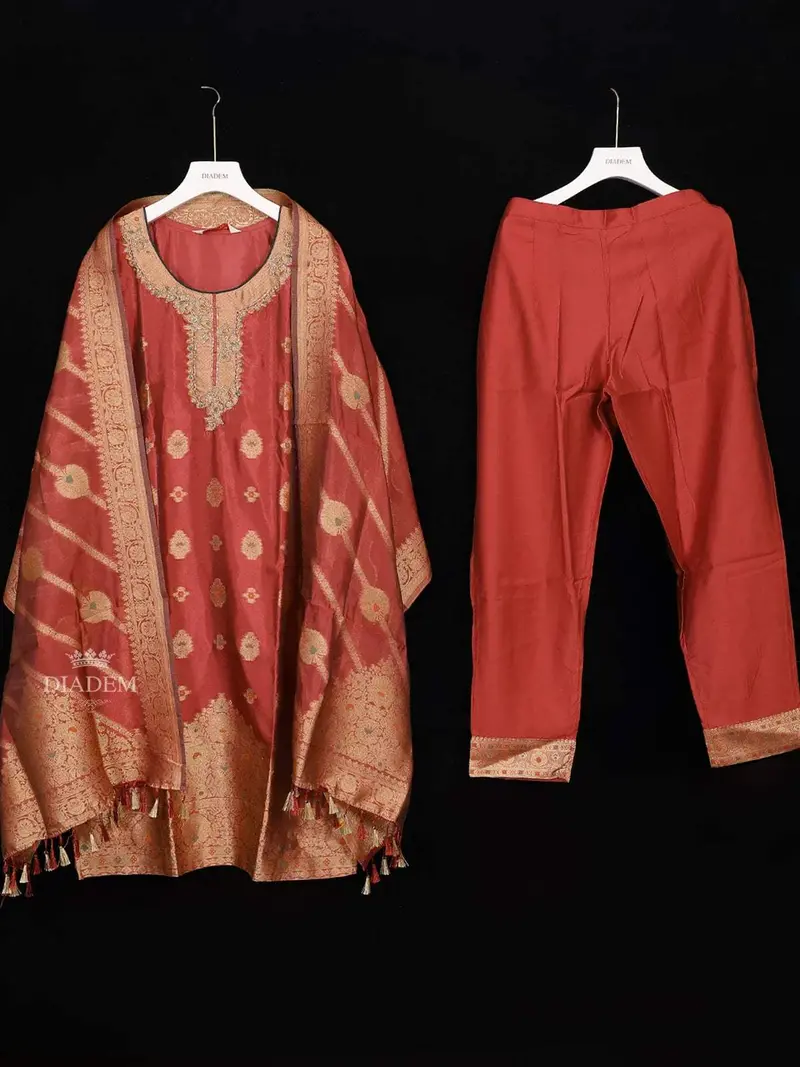 Coral Red Semi Banaras Straight Cut Salwar Suit For Women Adorned With Floral Prints And Embroidery Paired With Dupatta 1