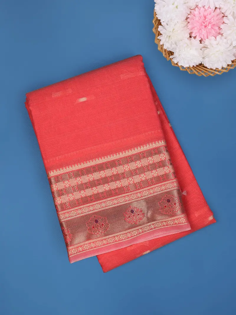 Coral Red Solid Design Fancy Cotton Saree 1