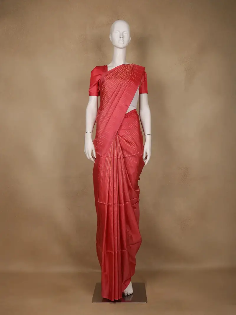 Coral Red Striped Design Soft Silk Saree 1
