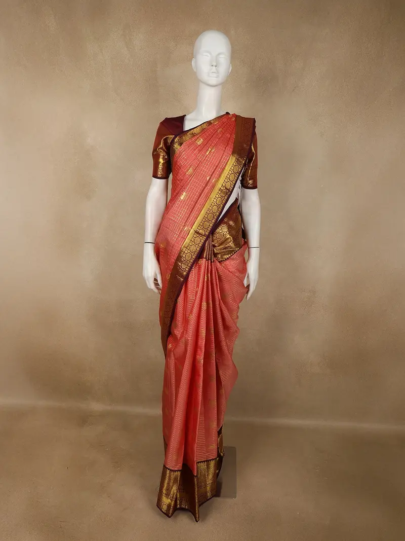 Coral Rose Pink Checked  And Peacock Zari Woven Design Pure Kanchipuram Silk Saree With Contrast Zari Border 1