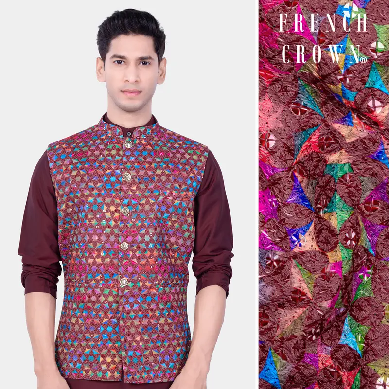 Cordovan Brown And Trendy Purple Multicolour Embroidered Nehru Jacket 1