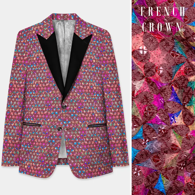 Cordovan Brown And Trendy Purple Multicolour Embroidered Peak Lapel Tuxedo Blazer 1