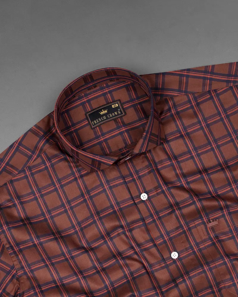 Cordovan Brown Windowpane Twill Premium Cotton Shirt 4