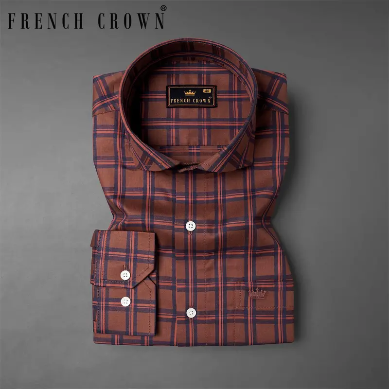 Cordovan Brown Windowpane Twill Premium Cotton Shirt 7