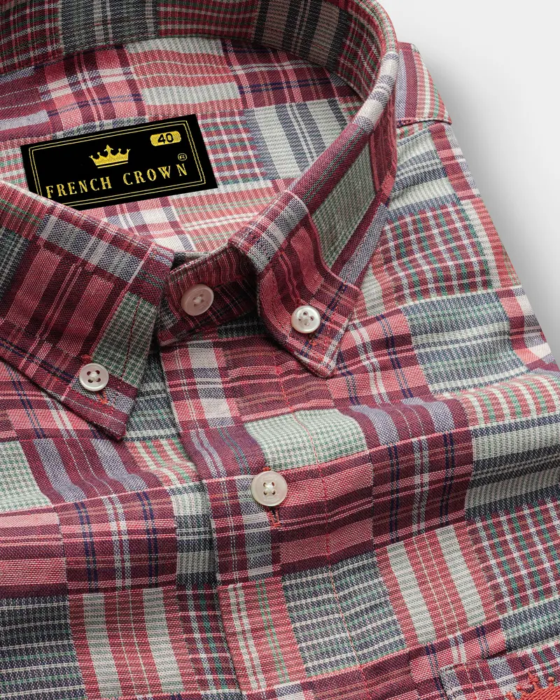 Cordovan Maroon With Gossamer Green Checkered Dobby Textured Premium Giza Cotton Shirt 1