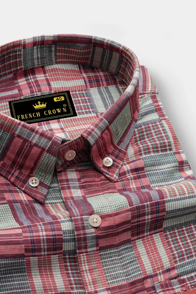 Cordovan Maroon With Gossamer Green Checkered Dobby Textured Premium Giza Cotton Shirt 2