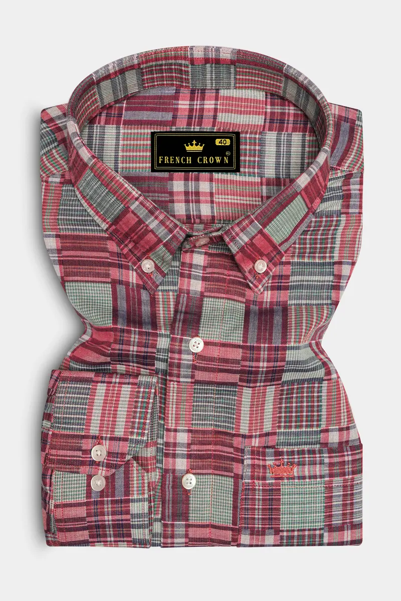 Cordovan Maroon With Gossamer Green Checkered Dobby Textured Premium Giza Cotton Shirt 4