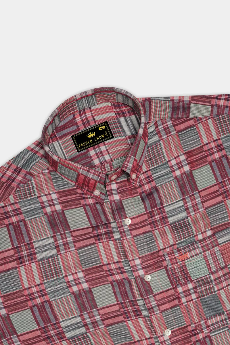 Cordovan Maroon With Gossamer Green Checkered Dobby Textured Premium Giza Cotton Shirt 5