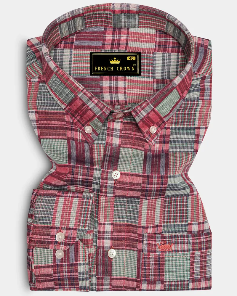Cordovan Maroon With Gossamer Green Checkered Dobby Textured Premium Giza Cotton Shirt 6