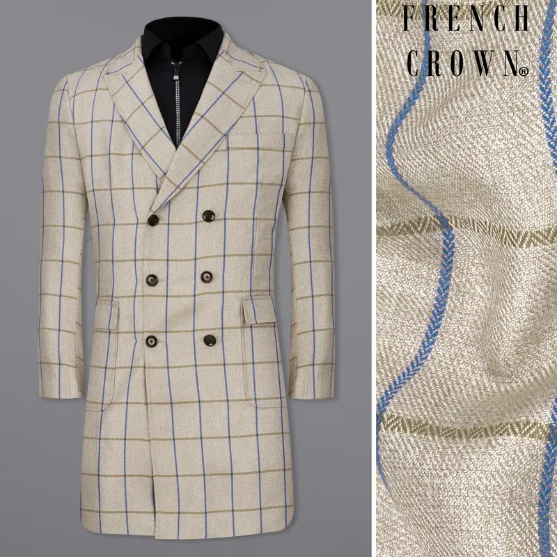 Coriander Cream Windowpane Double Breasted Overcoat 1