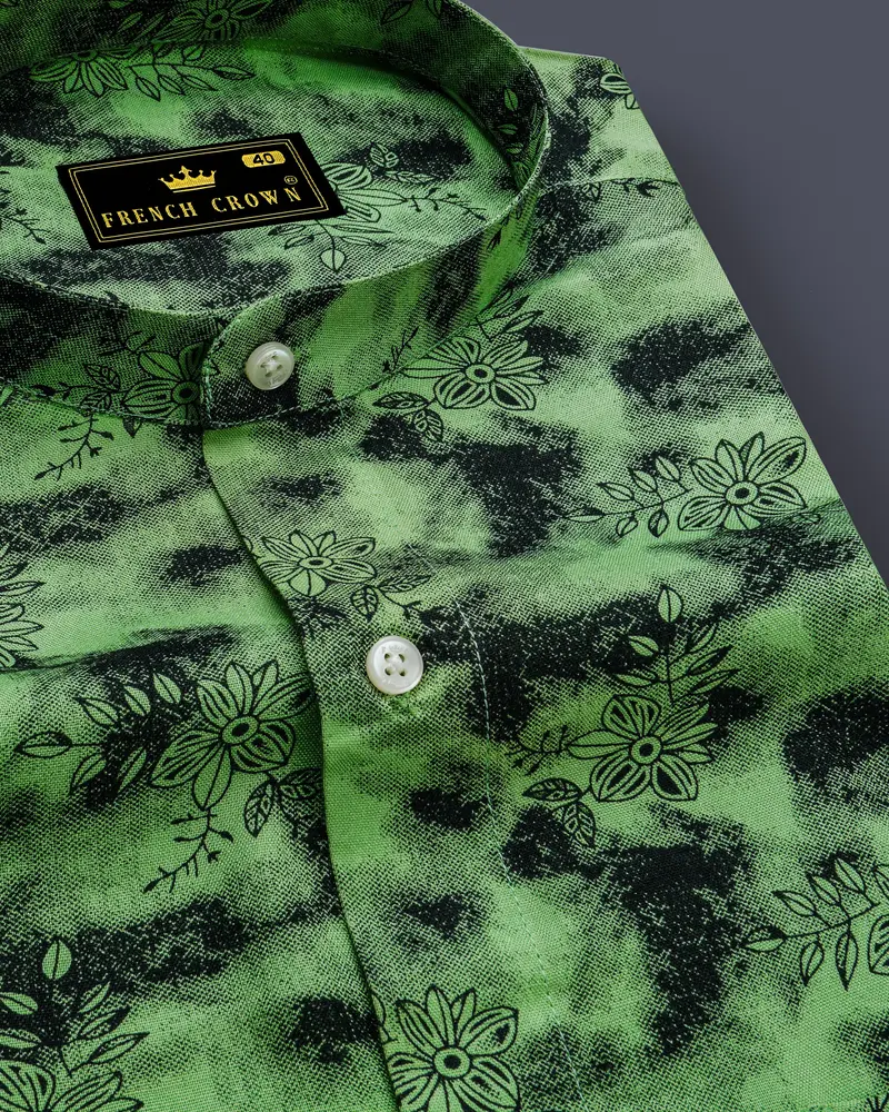 Coriander Green And Black Floral Textured Premium Tencel Shirt 1
