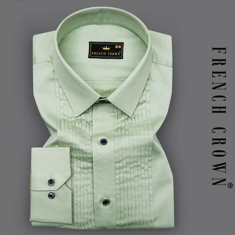 Coriander Green Subtle Sheen Snake Pleated Super Soft Premium Cotton Tuxedo Shirt 1