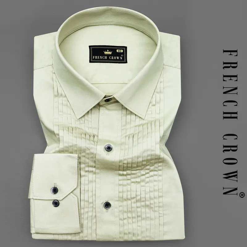 Coriander Green Subtle Sheen Snake Pleated Super Soft Premium Cotton Tuxedo Shirt 1