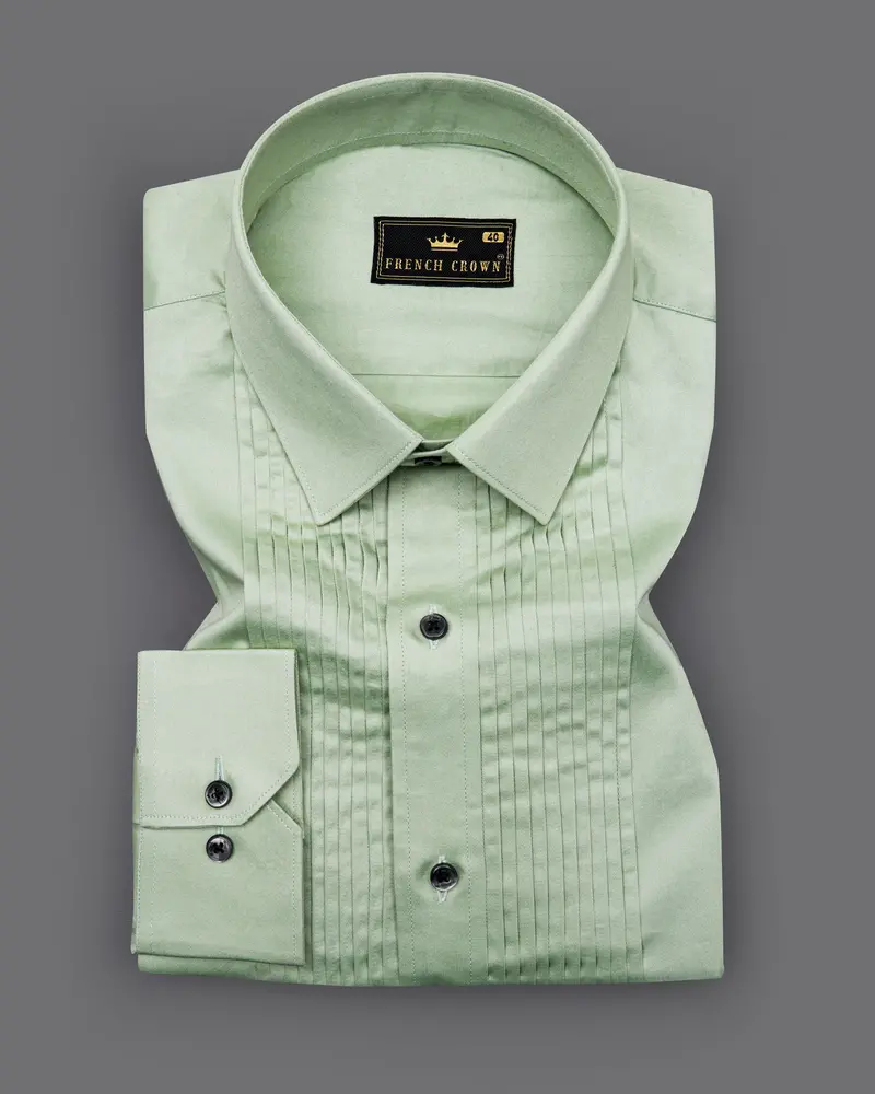 Coriander Green Subtle Sheen Snake Pleated Super Soft Premium Cotton Tuxedo Shirt 2