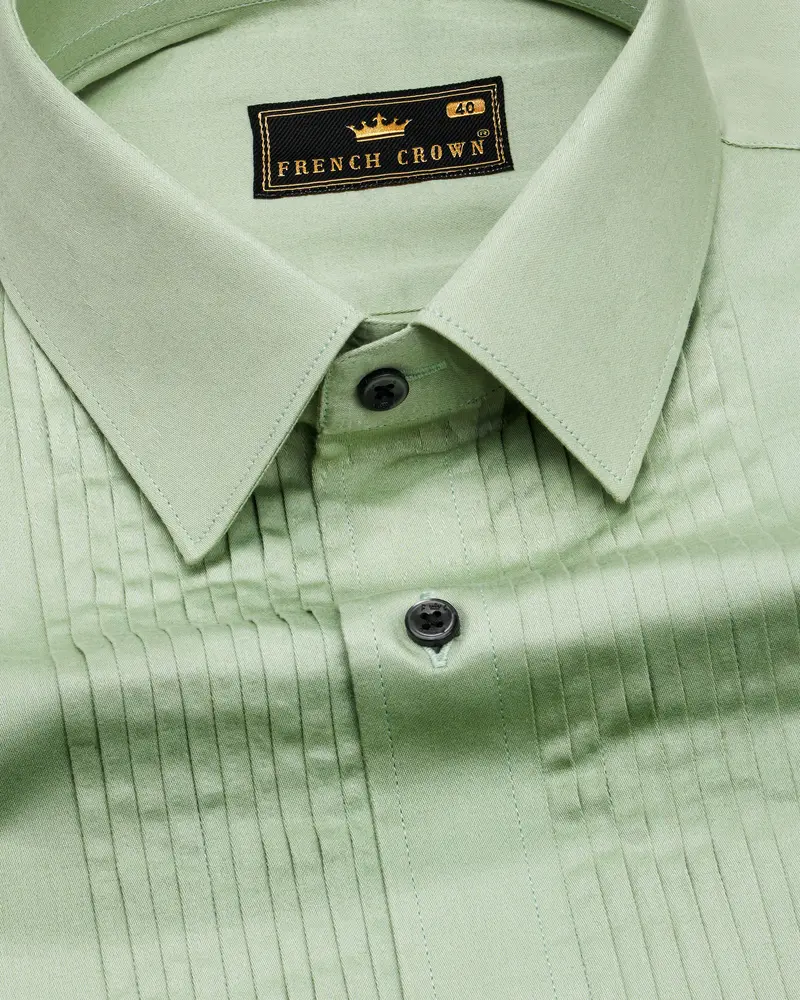 Coriander Green Subtle Sheen Snake Pleated Super Soft Premium Cotton Tuxedo Shirt 4