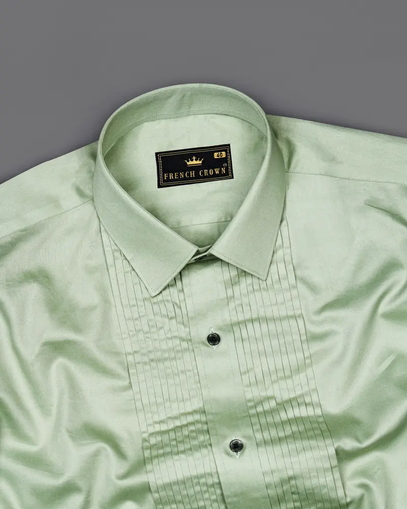 Coriander Green Subtle Sheen Snake Pleated Super Soft Premium Cotton Tuxedo Shirt 5