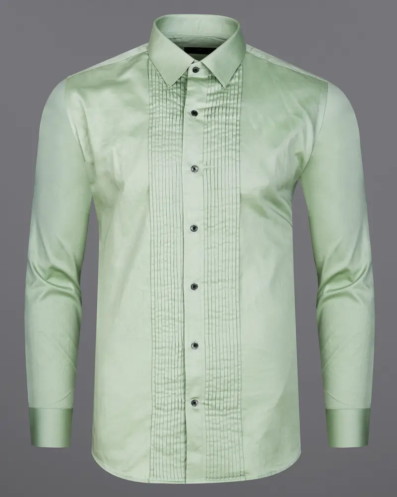 Coriander Green Subtle Sheen Snake Pleated Super Soft Premium Cotton Tuxedo Shirt 6