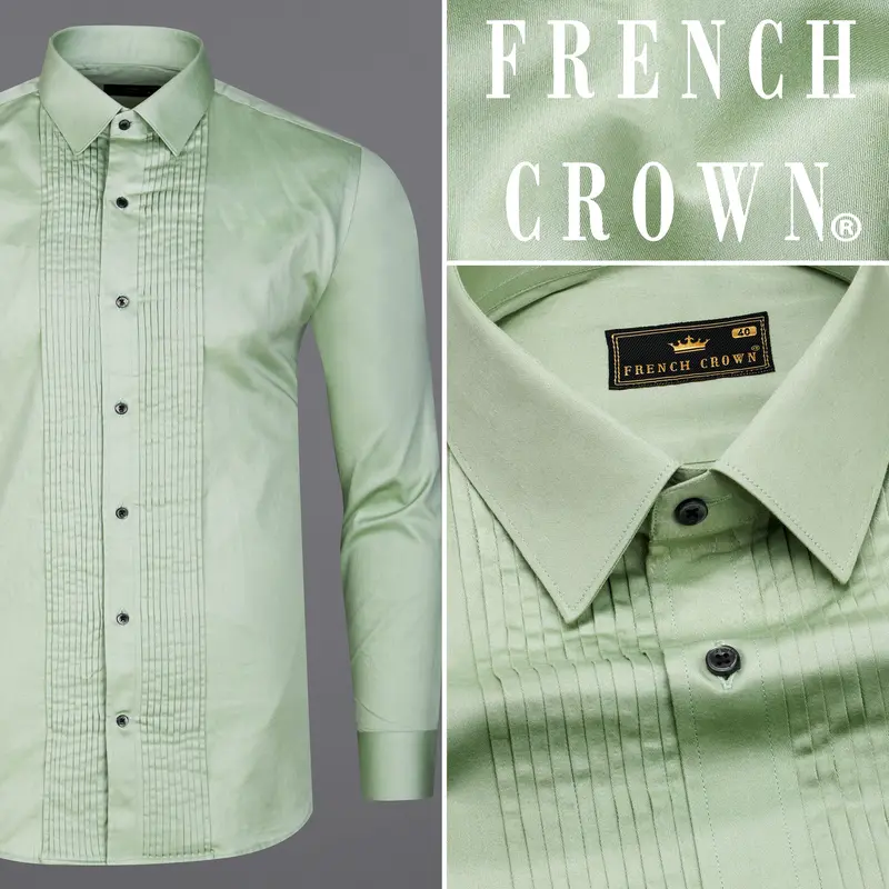 Coriander Green Subtle Sheen Snake Pleated Super Soft Premium Cotton Tuxedo Shirt 9