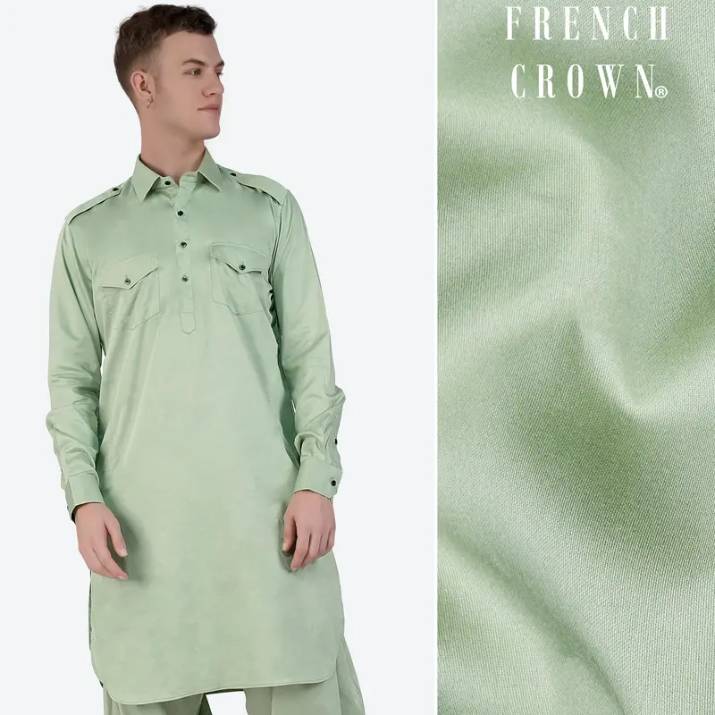 Coriander Green Subtle Sheen Super Soft Premium Cotton Pathani Kurta 1