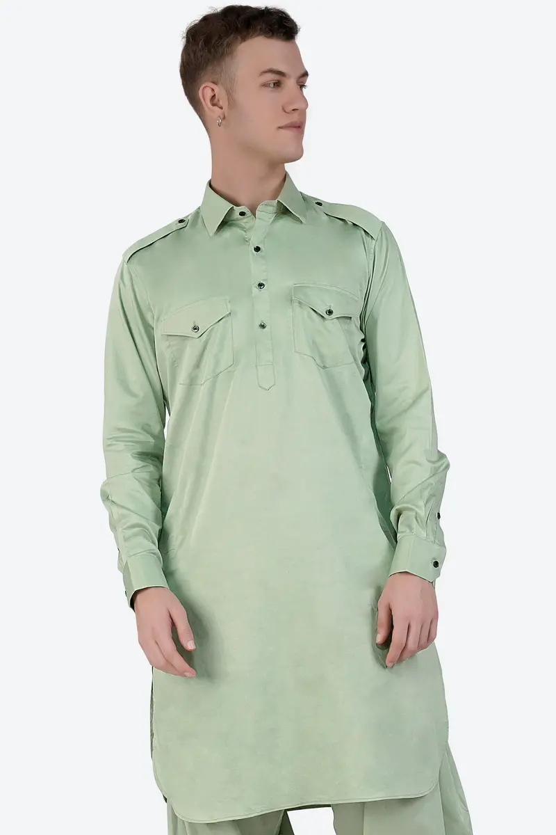 Coriander Green Subtle Sheen Super Soft Premium Cotton Pathani Kurta 2