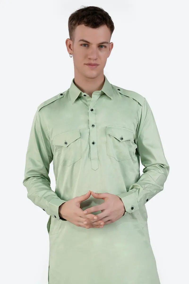 Coriander Green Subtle Sheen Super Soft Premium Cotton Pathani Kurta 4