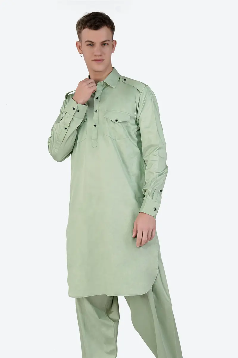 Coriander Green Subtle Sheen Super Soft Premium Cotton Pathani Kurta 5