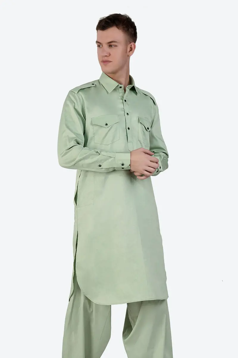 Coriander Green Subtle Sheen Super Soft Premium Cotton Pathani Kurta 6