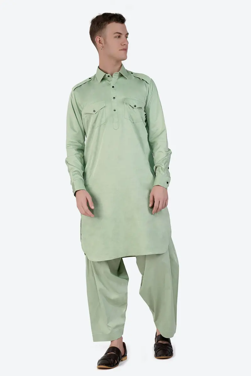 Coriander Green Subtle Sheen Super Soft Premium Cotton Pathani Kurta 7