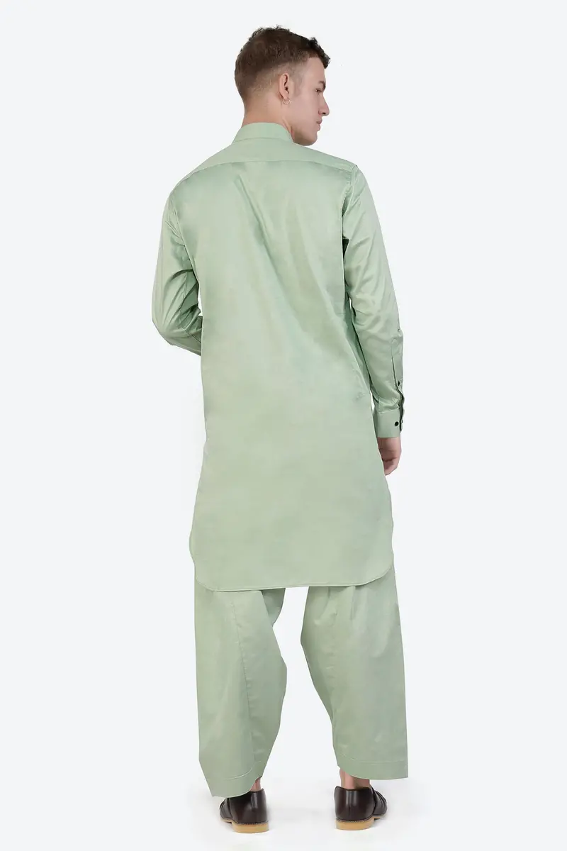 Coriander Green Subtle Sheen Super Soft Premium Cotton Pathani Kurta 9