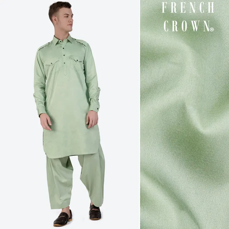 Coriander Green Subtle Sheen Super Soft Premium Cotton Pathani Set 1