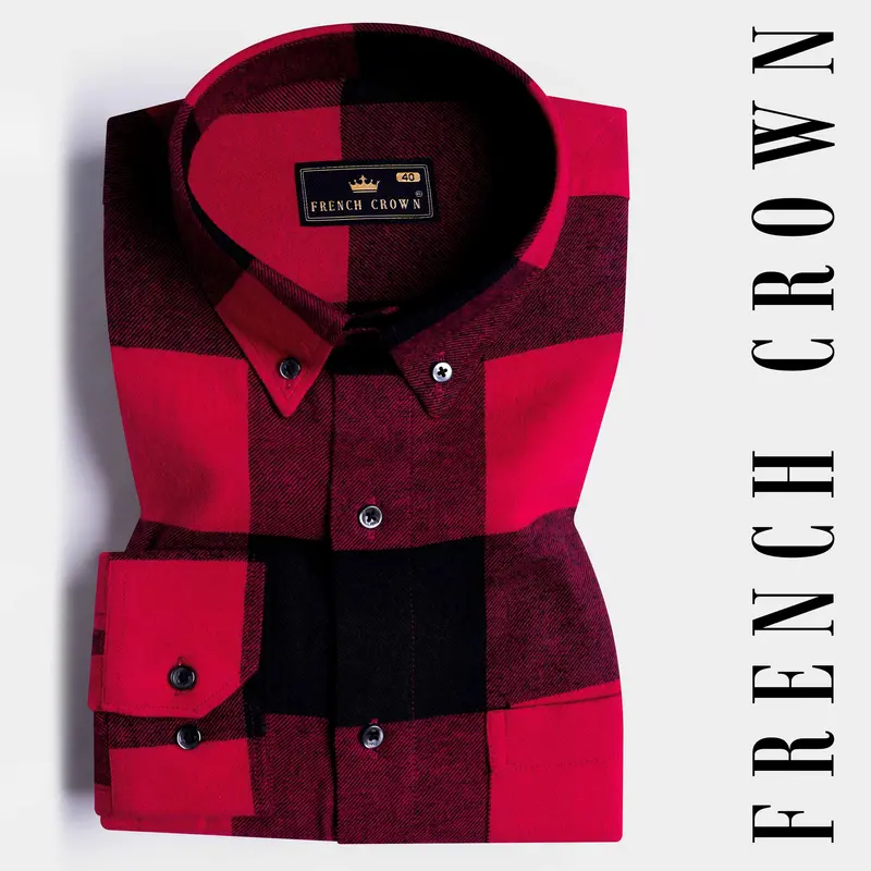 Cornell Red And Cinder Black Checked Flannel Button Down Shirt 6