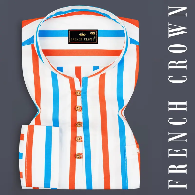 Cornflower Blue With Outrageous Orange Striped Premium Cotton Kurta Shirt 1