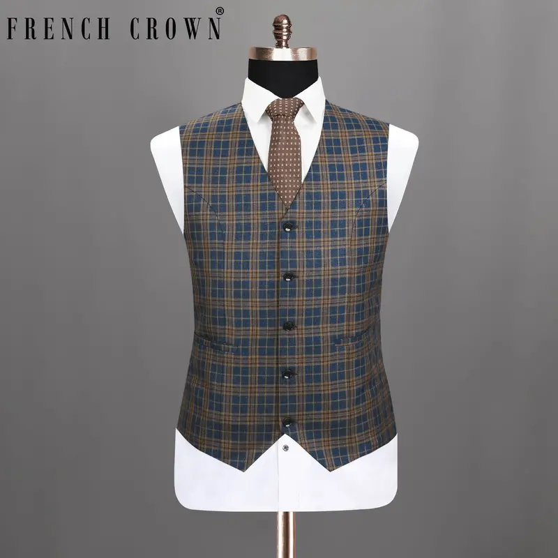 Cornflower Blue With Sandal Brown Plaid Wool Rich Waistcoat 1