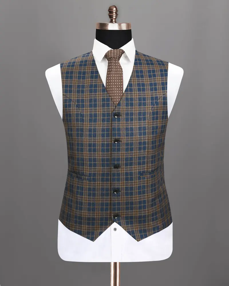 Cornflower Blue With Sandal Brown Plaid Wool Rich Waistcoat 2