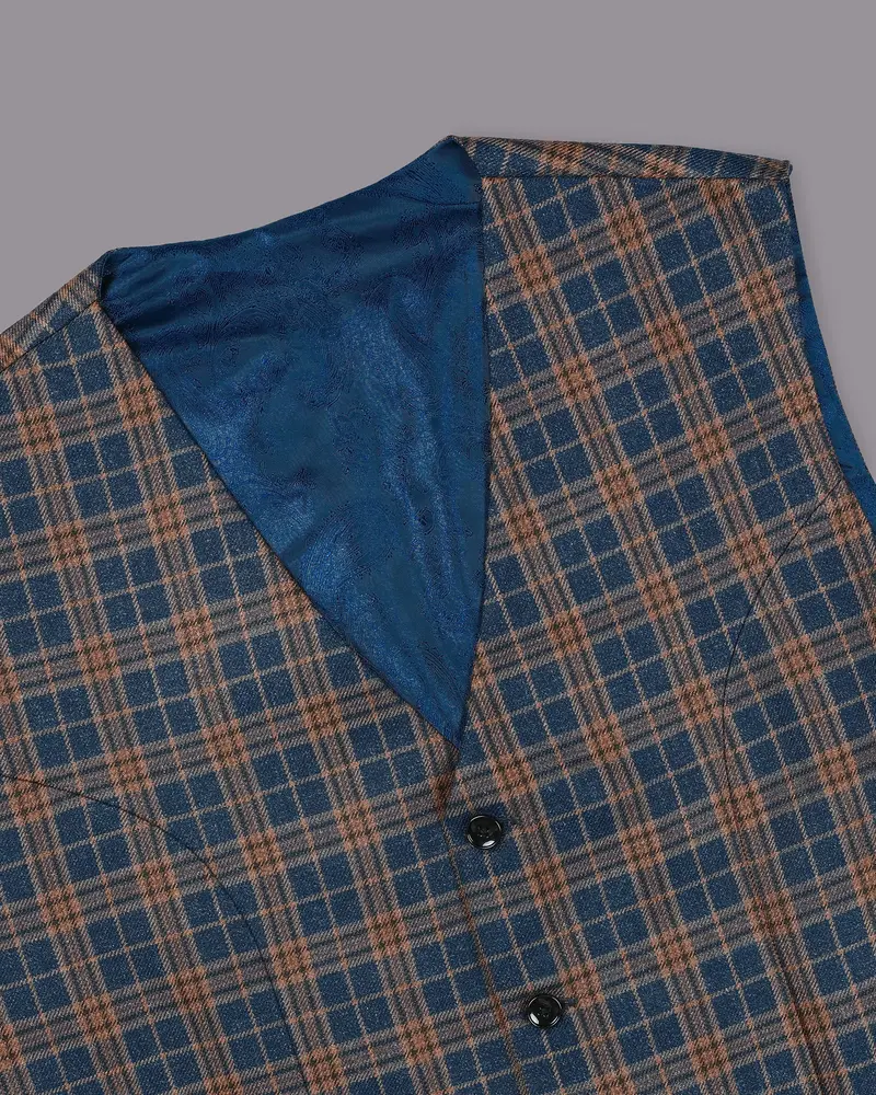 Cornflower Blue With Sandal Brown Plaid Wool Rich Waistcoat 4