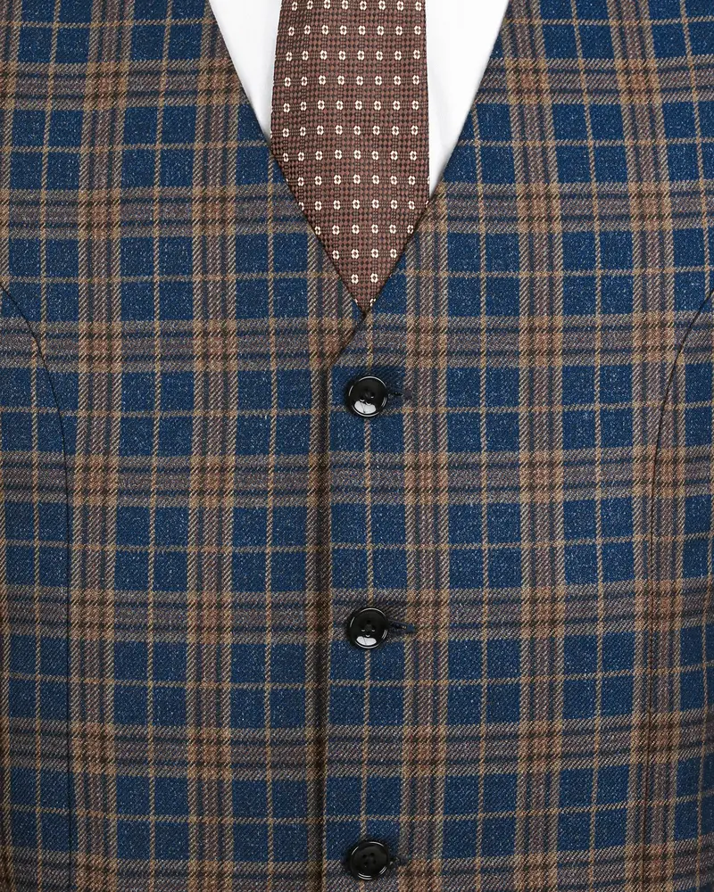 Cornflower Blue With Sandal Brown Plaid Wool Rich Waistcoat 5