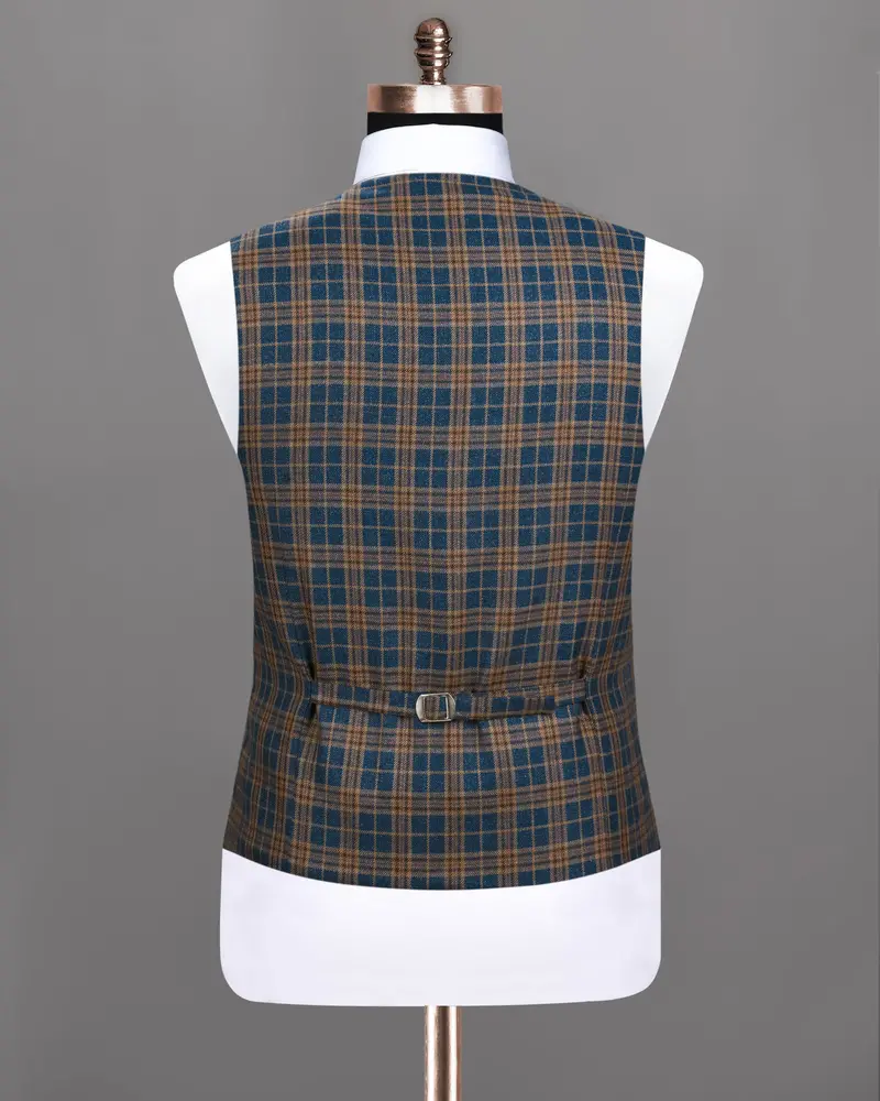 Cornflower Blue With Sandal Brown Plaid Wool Rich Waistcoat 6