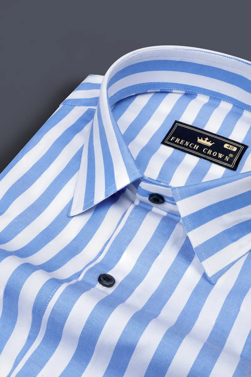Cornflower Blue With White Striped Poplin Giza Cotton Shirt 1