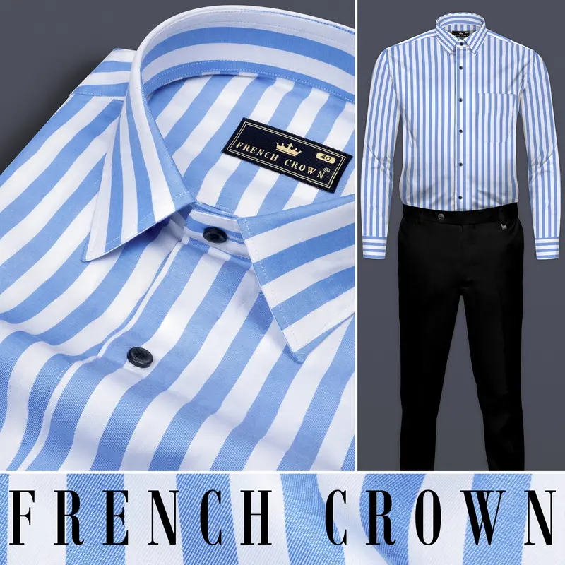 Cornflower Blue With White Striped Poplin Giza Cotton Shirt 10