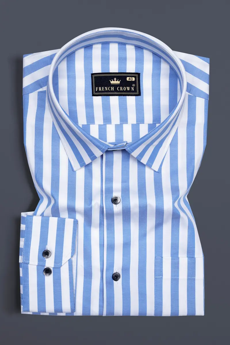 Cornflower Blue With White Striped Poplin Giza Cotton Shirt 3