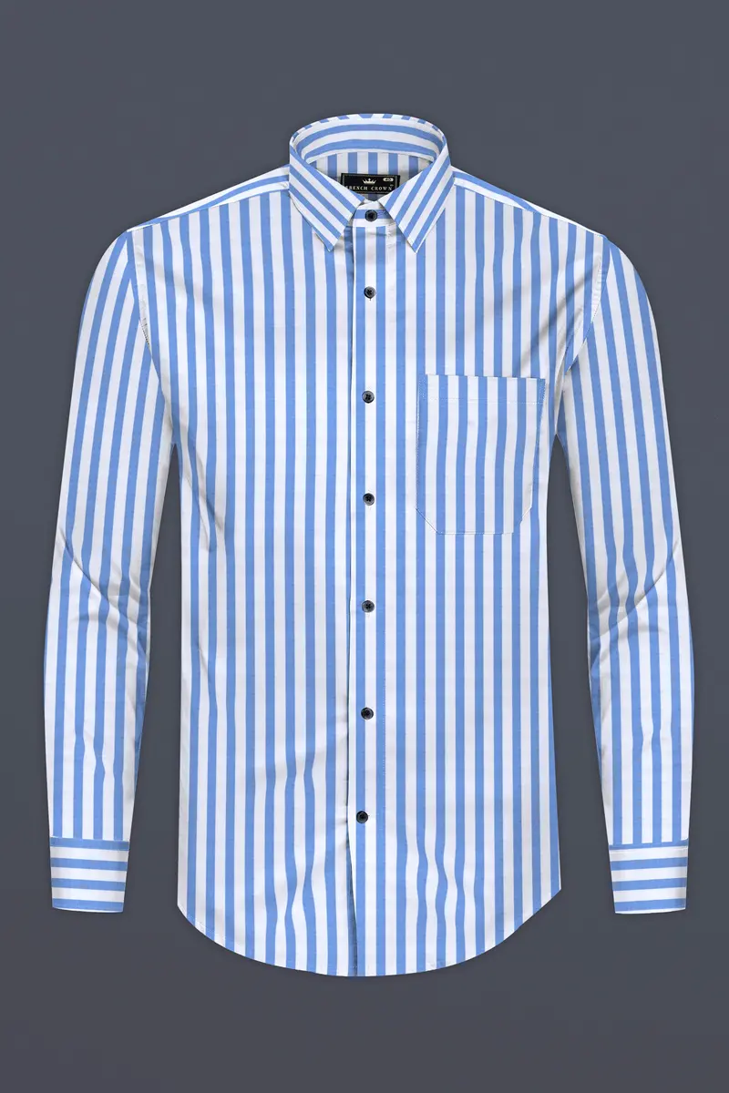 Cornflower Blue With White Striped Poplin Giza Cotton Shirt 4