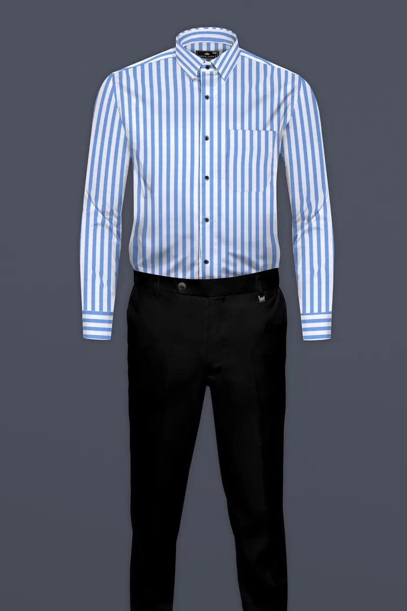 Cornflower Blue With White Striped Poplin Giza Cotton Shirt 6