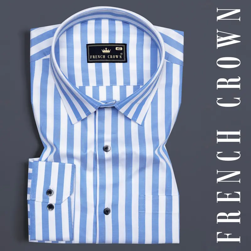 Cornflower Blue With White Striped Poplin Giza Cotton Shirt 7