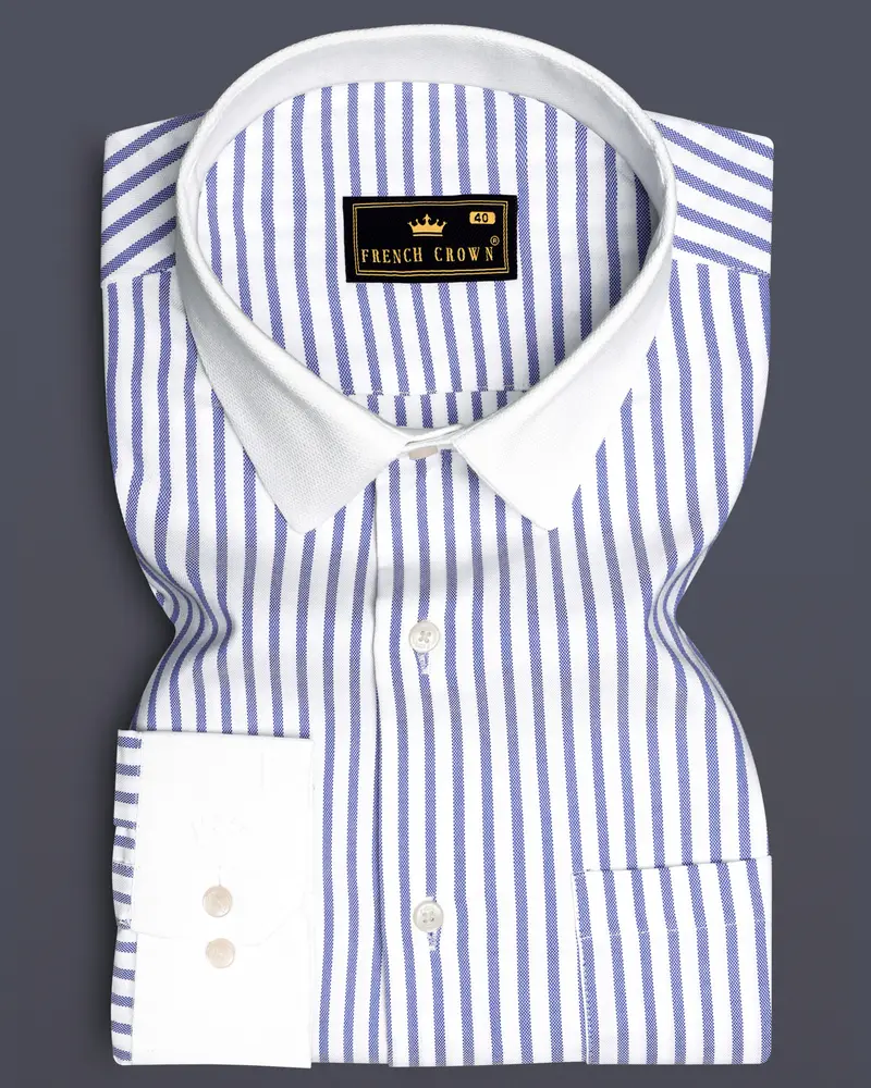 Cosmic-Bright White And Astronaut Blue Striped Dobby Textured Premium Giza Cotton Dress Shirt 1