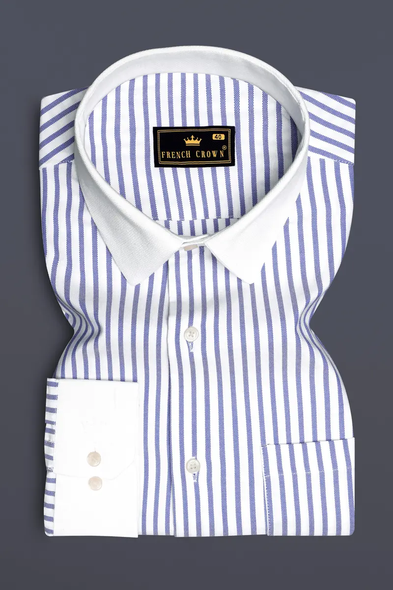 Cosmic-Bright White And Astronaut Blue Striped Dobby Textured Premium Giza Cotton Dress Shirt 2