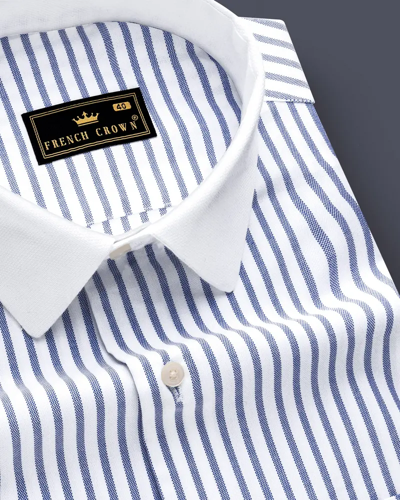 Cosmic-Bright White And Astronaut Blue Striped Dobby Textured Premium Giza Cotton Dress Shirt 4