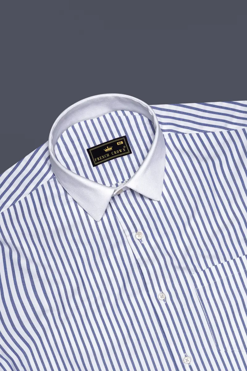 Cosmic-Bright White And Astronaut Blue Striped Dobby Textured Premium Giza Cotton Dress Shirt 5