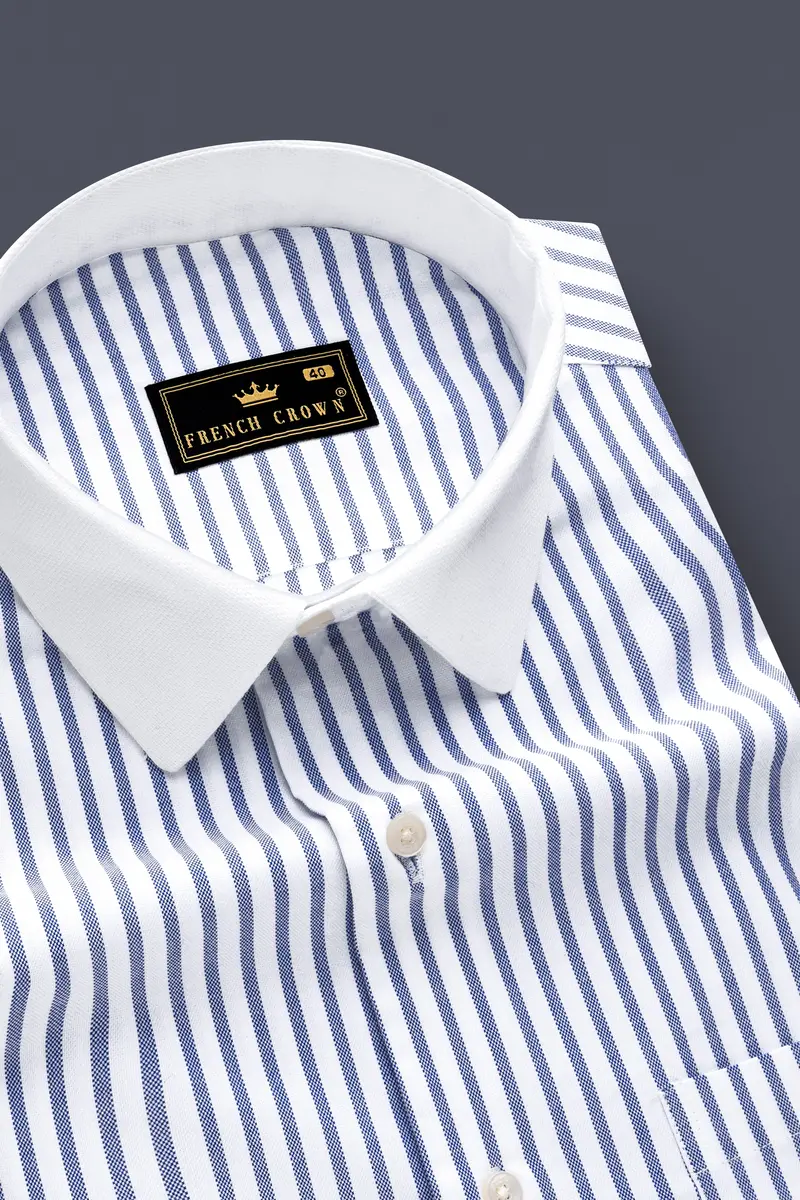 Cosmic-Bright White And Astronaut Blue Striped Dobby Textured Premium Giza Cotton Dress Shirt 6